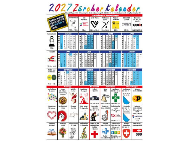 Planer Zürcher Kalender, aus Karton A4, mit Schulferien