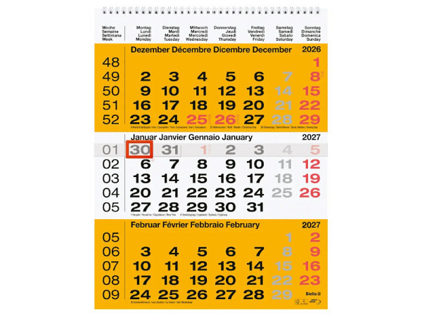 Wandplaner Biella 3-Monatskalender gelb-weiss