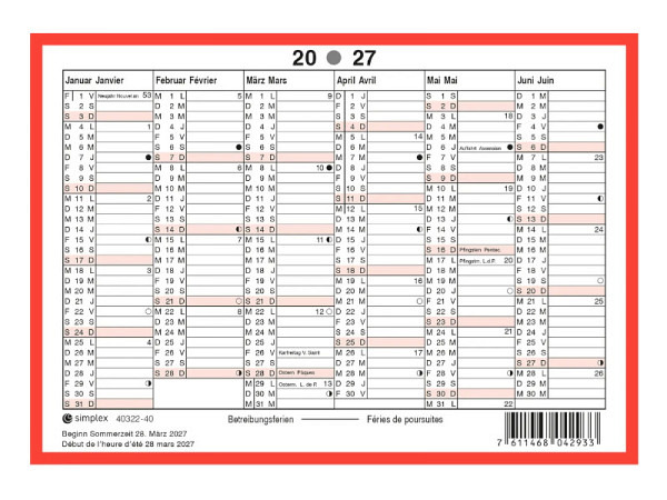 Wandkalender Simplex mit rotem Rand A6 quer