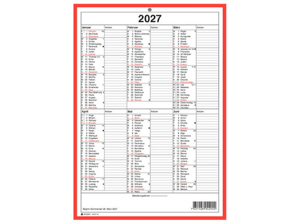 Wandkalender Simplex mit rotem Rand A4