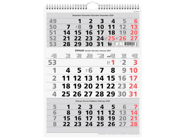 Wandplaner Simplex 3-Monatskalender grau/weiss, 31x40cm