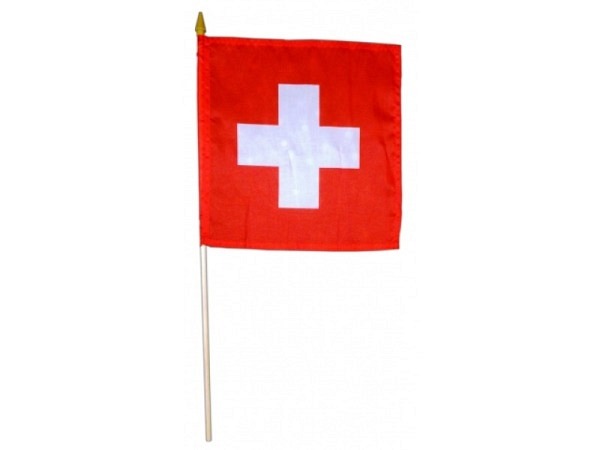Fahne Schweiz, befestigt an einem Stab, rote Fahne mit Schweizerkreuz, 30x30cm