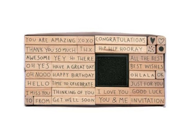Stempel PaperPoetry Set Texte auf Englisch, mit 32 Holzstempeln mit verschiedenen Texten