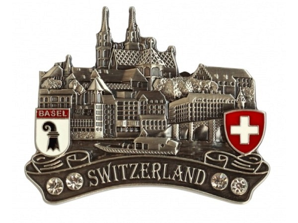 Magnet Basel Stadt-Ansicht Metall mit Strasssteinen veredelt