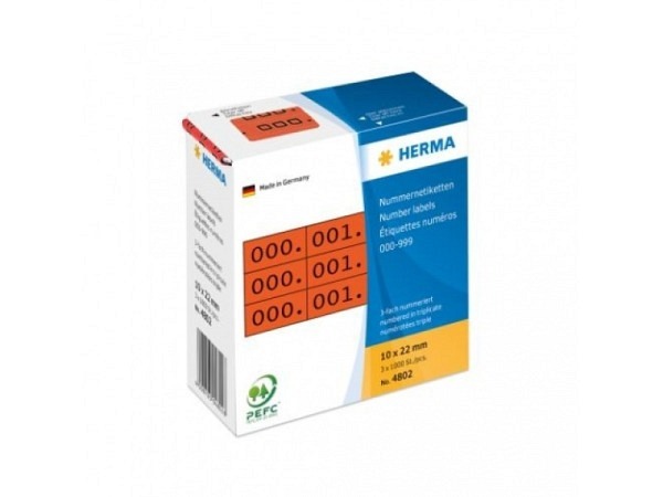 Etiketten Herma Nummern dreif. 0-999 22x10mm rot