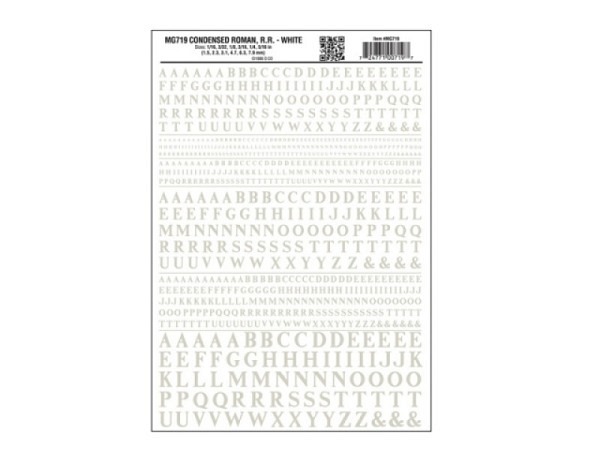 Abreibbuchstaben Woodland Scenics Condensed Roman 1,5mm, 2,3mm, 3,1mm, 4,7mm, 6,3mm und 7,9mm hoch