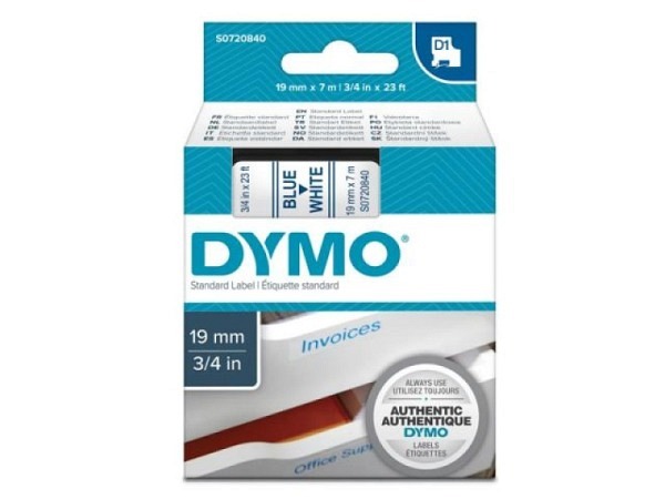 Beschriftungsband Dymo D1 Standardetiketten 19mm breit blau auf weiss