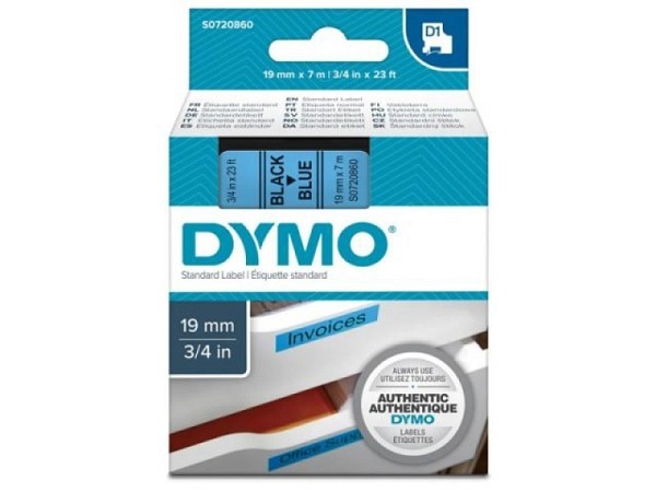 Beschriftungsband Dymo D1 Standardetiketten 19mm breit schwarz auf blau