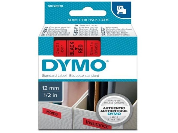 Beschriftungsband Dymo D1 Standardetiketten 12mm breit schwarz auf rot
