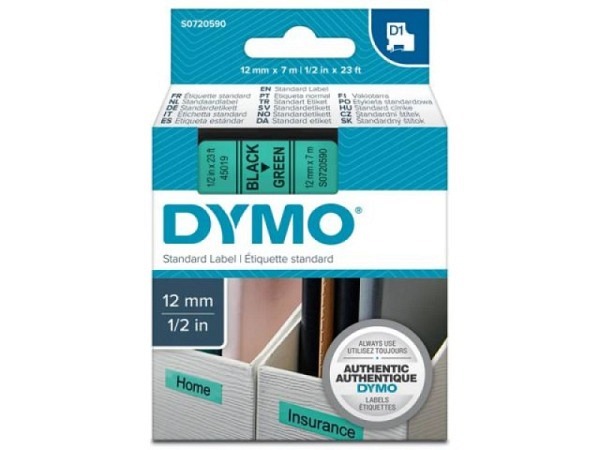 Beschriftungsband Dymo D1 Standardetiketten 12mm breit schwarz auf grün