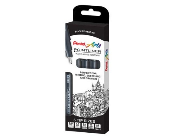 Filzstift Pentel Pointliner YS20 5er Set schwarz, mit Strichbreiten 0,05, 0,1, 0,3, 0,5, 0,8