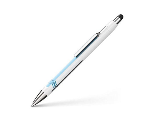 Kugelschreiber Schneider Epsilon weiss-blau, mit Touchpen am Stiftende, mit teilweise versenktem Metallclip, farblich abgestimmte gummierte Striefen. Schreibfarbe blau. Der Touchpen funktioniert mit a