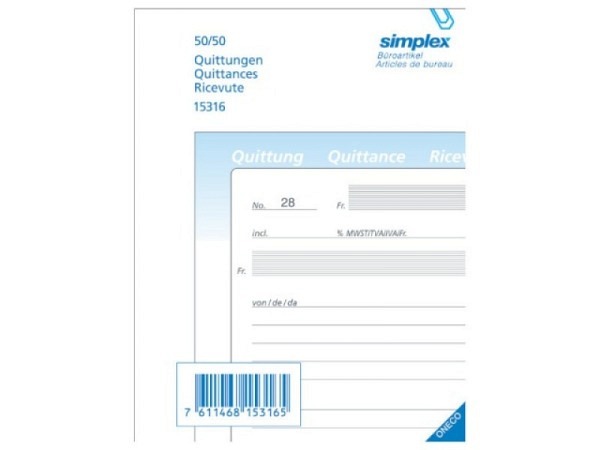 Quittung Simplex A6 OK. 3sprachig 50Blatt 15316
