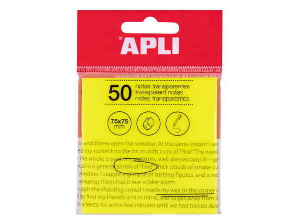 Haftnotizen Apli transparent 75x75mm neongelb