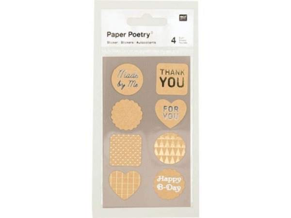 Aufkleber PaperPoetry Diverse Texte auf Kraftpapier braun in den Formen rund, eckig, herzförmig, Ros