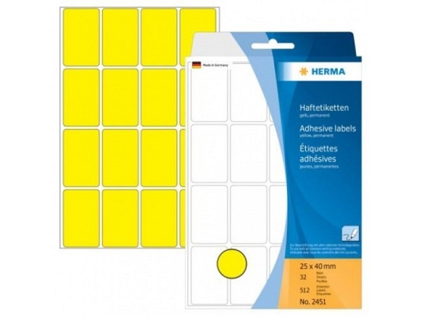Etiketten Herma Büropackung, permanent, 25x40mm, gelb