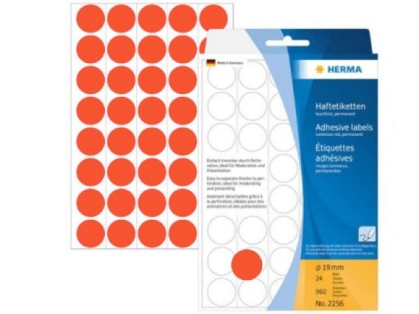 Etiketten Herma Büropackung, Farbpunkte, neonrot, Ø19mm