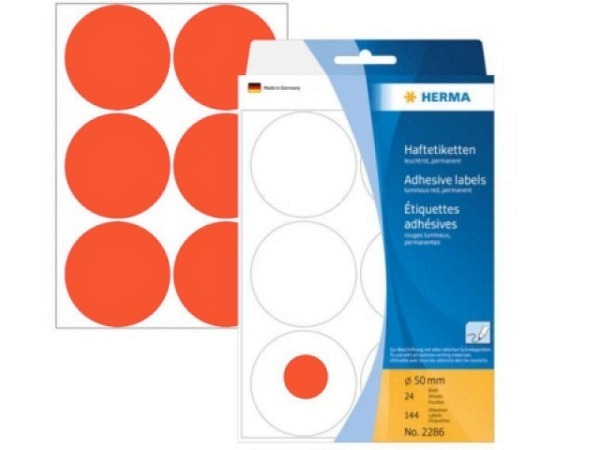 Etiketten Herma Büropackung, Farbpunkte, neonrot, Ø50mm