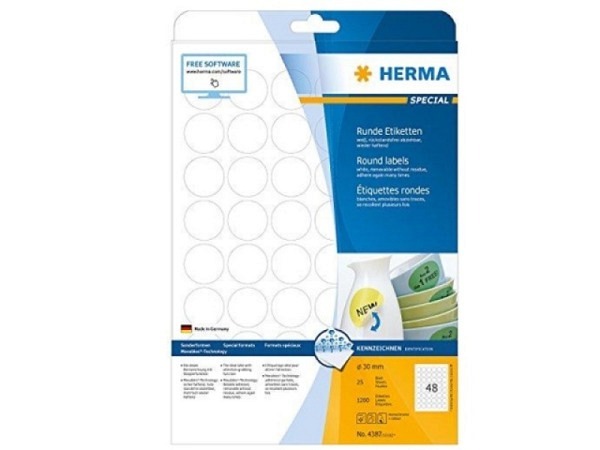 Etiketten Herma Movables A4, ablösbar, Ø30mm, weiss