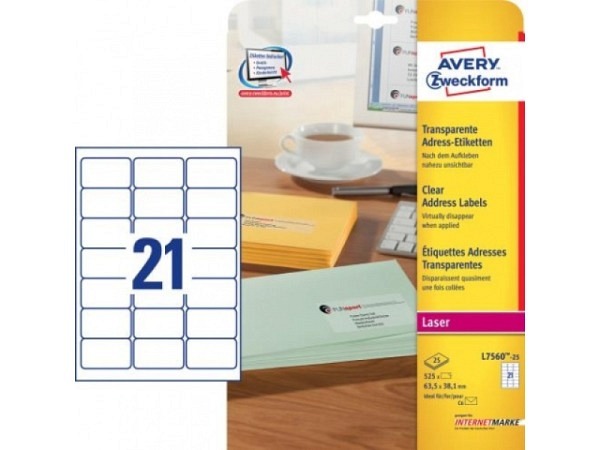 Etiketten Zweckform 38,1x63,5mm transp, Originalnr L7560-25