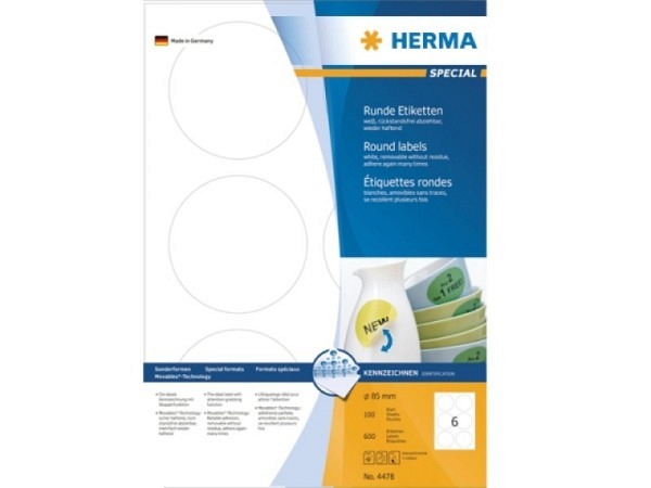 Etiketten Herma Movables A4, ablösbar, Ø85mm, rund, weiss
