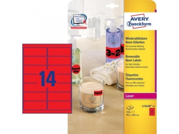 Etiketten Zweckform 38,1x99,1mm neonrot Originalnr L7263R-25