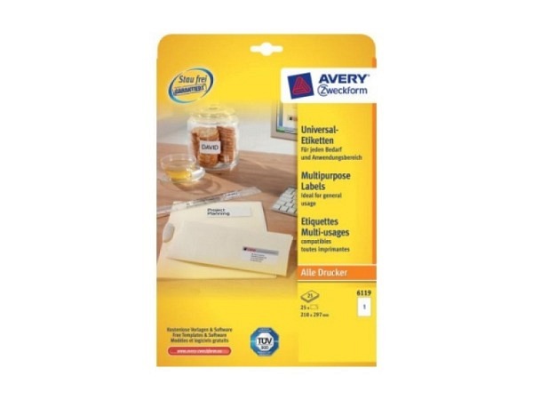 Etiketten Zweckform 210x297mm weiss, Originalnr 6119, A4