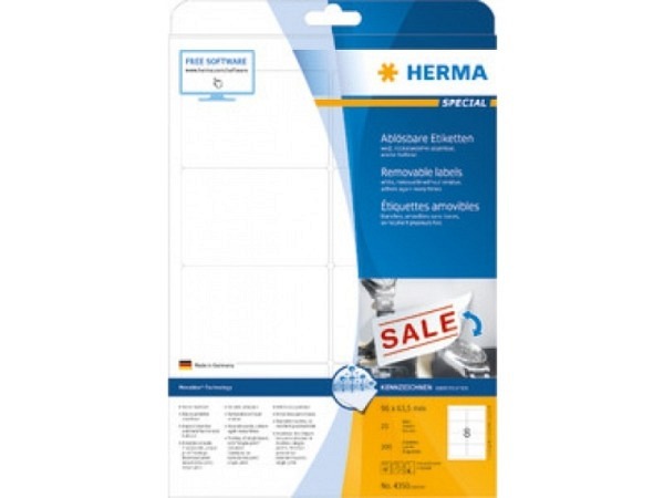 Etiketten Herma Movables A4, ablösbar, 63,5x96mm, weiss