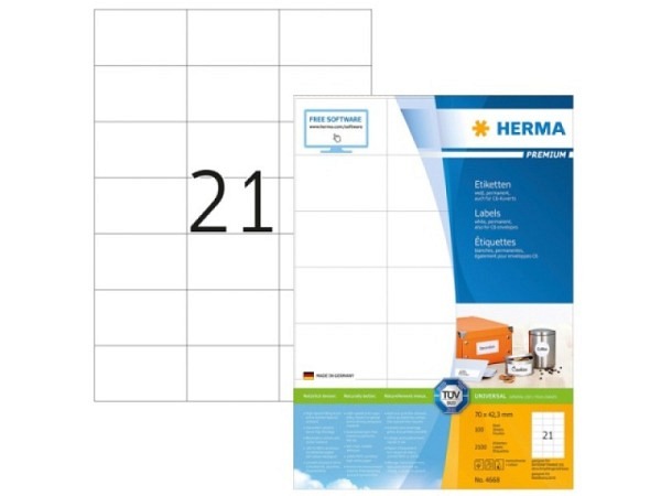 Etiketten Herma Büropackung, permanent, 70x42,3, weiss, 21 Etiketten pro Blatt