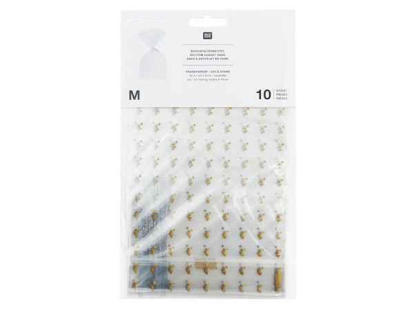 Kreuzbodenbeutel Rico Design transparent goldene Sterne M 14,4x24x6cm 10Stk.