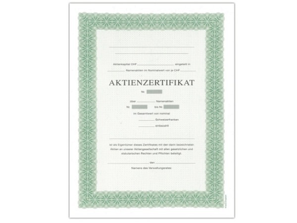Papier Wertschrift Aktienzertifikat Namenaktien A4 grün 120g/qm, 5 Stk.
