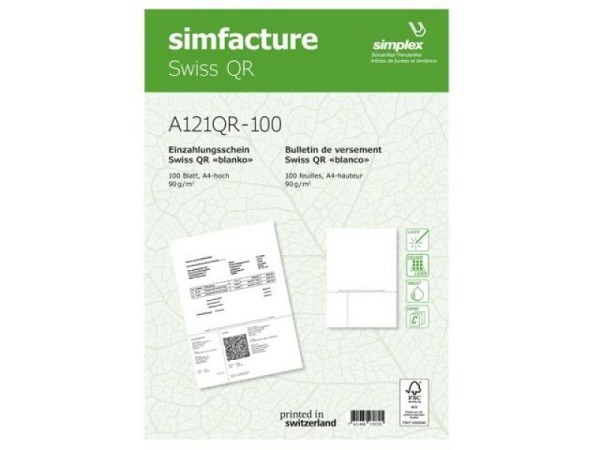 Einzahlungsscheine Simplex Simfacture Swiss QR 90g/qm, 100 Blatt Format A4