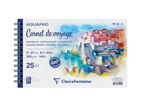 Aquarellblock Clairefontaine Aquapad 17x27cm, spiralgebunden, 25 Blatt, 300g/qm, mittelfeine Körnung für Nasstechnik, Säurefrei
