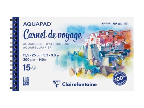Aquarellblock Clairefontaine Aquapad 13,5x25cm, spiralgebunden, 15 Blatt, 300g/qm, mittelfeine Körnung für Nasstechnik, Säurefrei