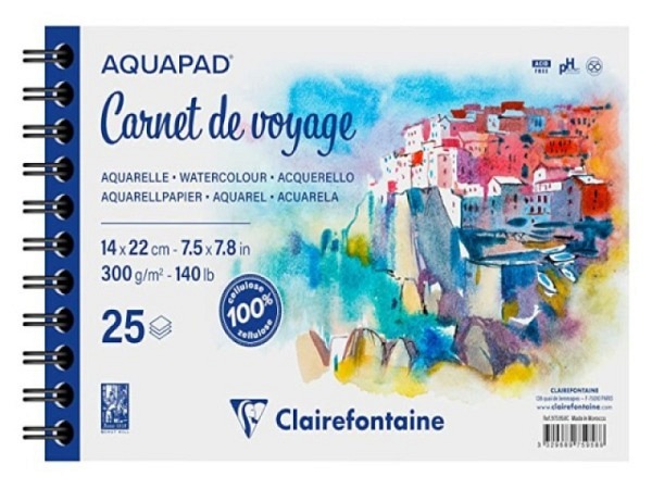 Aquarellblock Claiefontaine Aquapad 14x22cm, spiralgebunden, 25 Blatt 300g/qm, mit mittelfeiner Körnung für Nasstechnik, Säurefrei