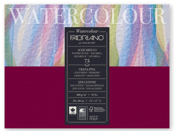 Aquarellblock Fabriano Watercolour Aquarello eine Seite geleimt 30x40cm
