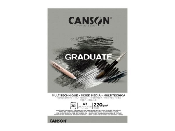 Aquarellblock Canson Graduate Mixed Media Grey körnig und glatt 220g/qm