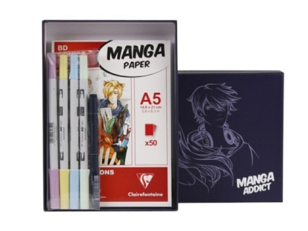 Zeichenblock Clairefontaine Manga Paper Illustrations Set A5, 50 Blatt, Beinhaltet Block, 4 Marker, 1 Fineliner, 1 Box, limitiert, säurefrei