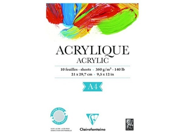 Acrylblock Clairefontaine Acrylique A4, 360g/qm, 10 Blatt, weiss, glatt, einseitig dick geleimt, wellt sich nicht bei Feuchtigkeit, säurefrei