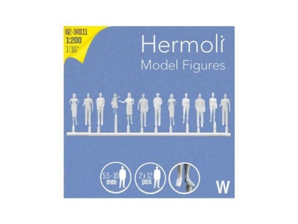 Figuren Hermoli Detail 1:200 weiss 24 stehende Personen, 12 verschiedene Passanten