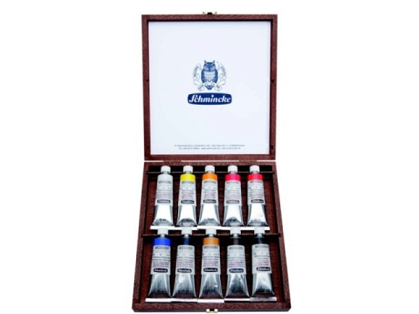 Oel Schmincke Mussini Set 10x35ml Holzkoffer dunkel 22x24cm