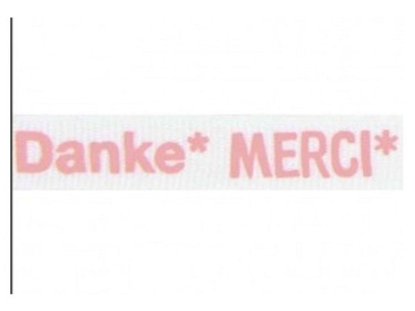 Stoffband Rico Design Schriftzug Danke Merci Thankyou neonpink auf weiss, 12mm breit, 2m lang