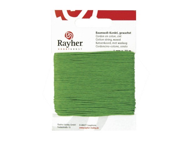 Kordel Rayher Baumwollkordel gewachst grün 1mm x 20m