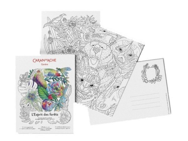 Malpostkarten Caran d'Ache L'esprit des forets, 12er Postkarten Set zum Ausmalen